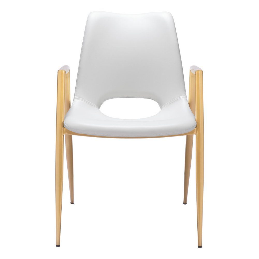 Set of Two White and Gold Faux Leather Open Back Dining Arm Chairs HomeRoots