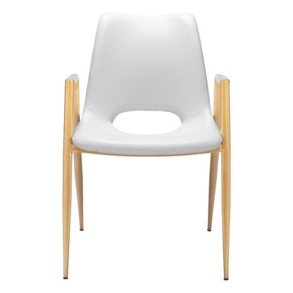 Set of Two White and Gold Faux Leather Open Back Dining Arm Chairs HomeRoots