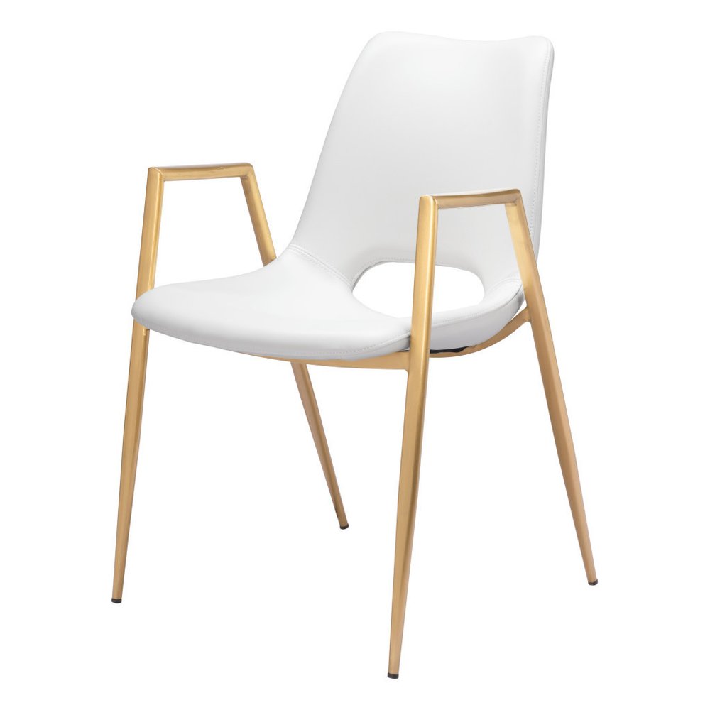 Set of Two White and Gold Faux Leather Open Back Dining Arm Chairs HomeRoots