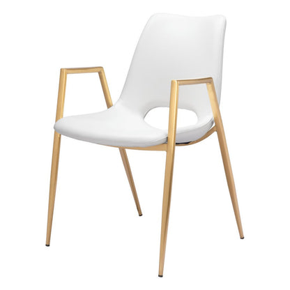 Set of Two White and Gold Faux Leather Open Back Dining Arm Chairs HomeRoots