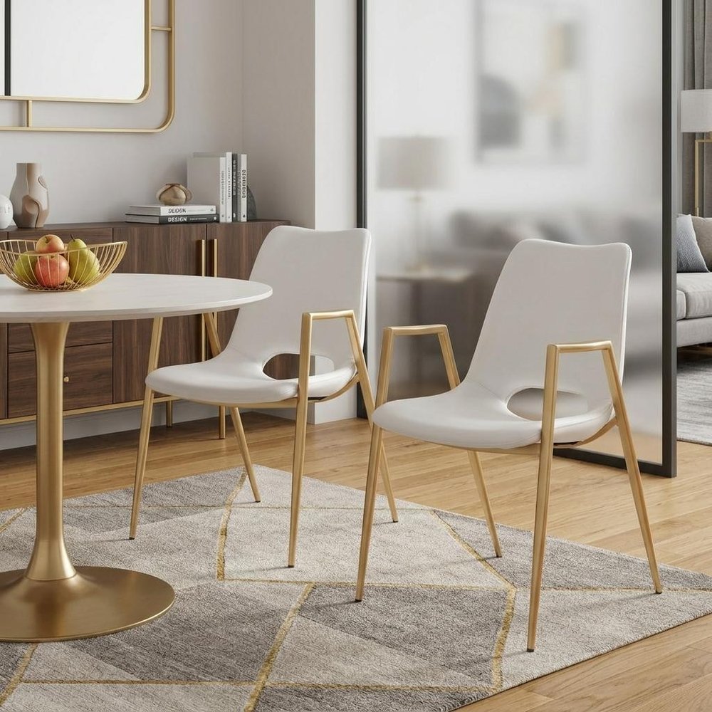 Set of Two White and Gold Faux Leather Open Back Dining Arm Chairs HomeRoots