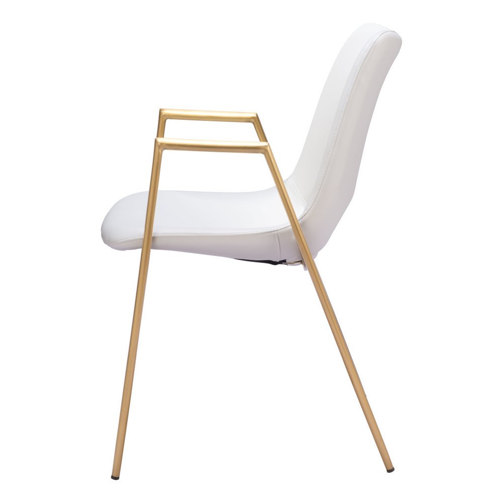 Set of Two White and Gold Faux Leather Open Back Dining Arm Chairs HomeRoots