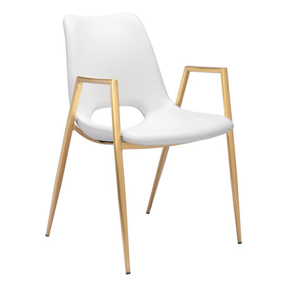 Set of Two White and Gold Faux Leather Open Back Dining Arm Chairs HomeRoots