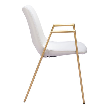 Set of Two White and Gold Faux Leather Open Back Dining Arm Chairs HomeRoots