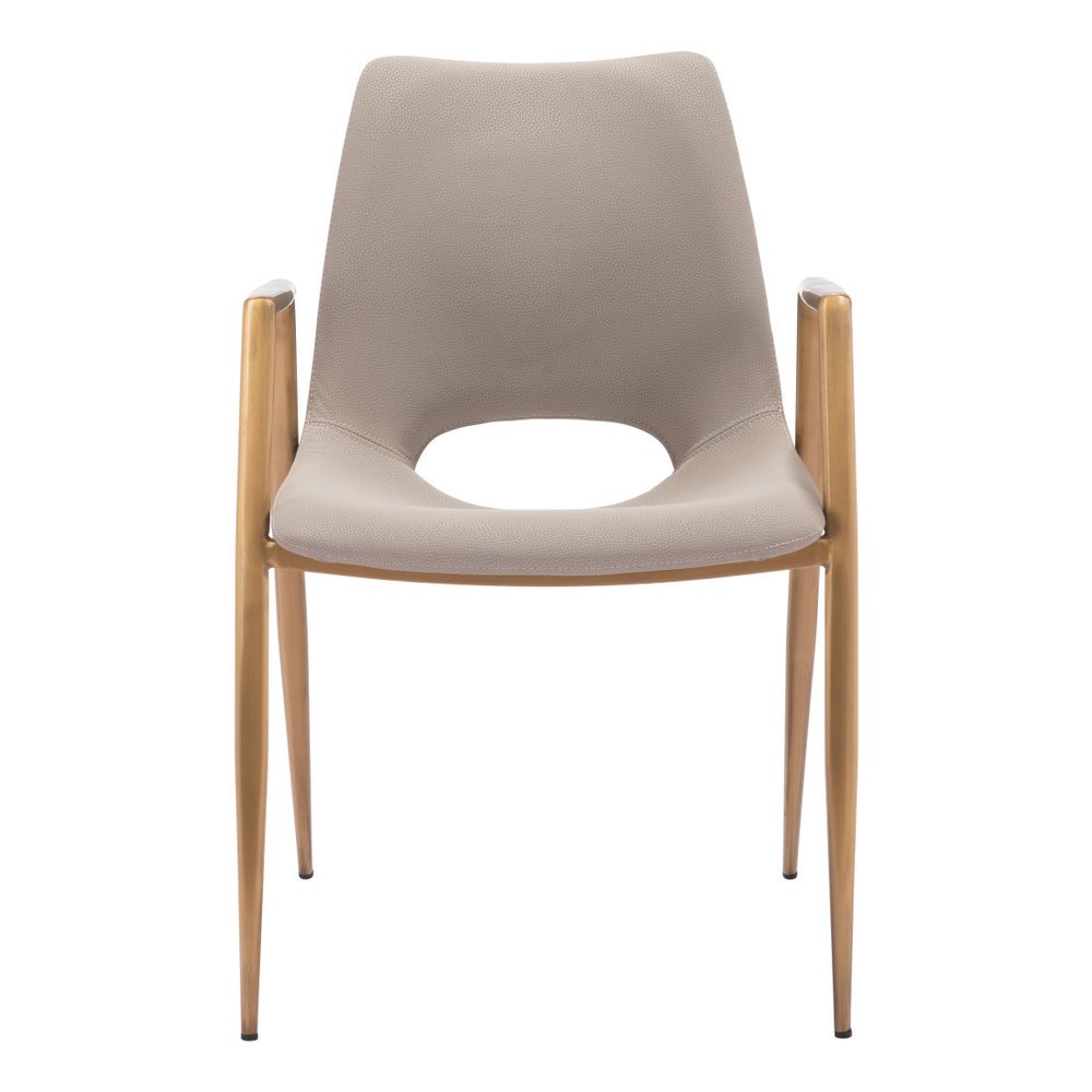 Set of Two Beige and Gold Faux Leather Open Back Dining Arm Chairs HomeRoots