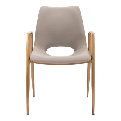 Set of Two Beige and Gold Faux Leather Open Back Dining Arm Chairs HomeRoots