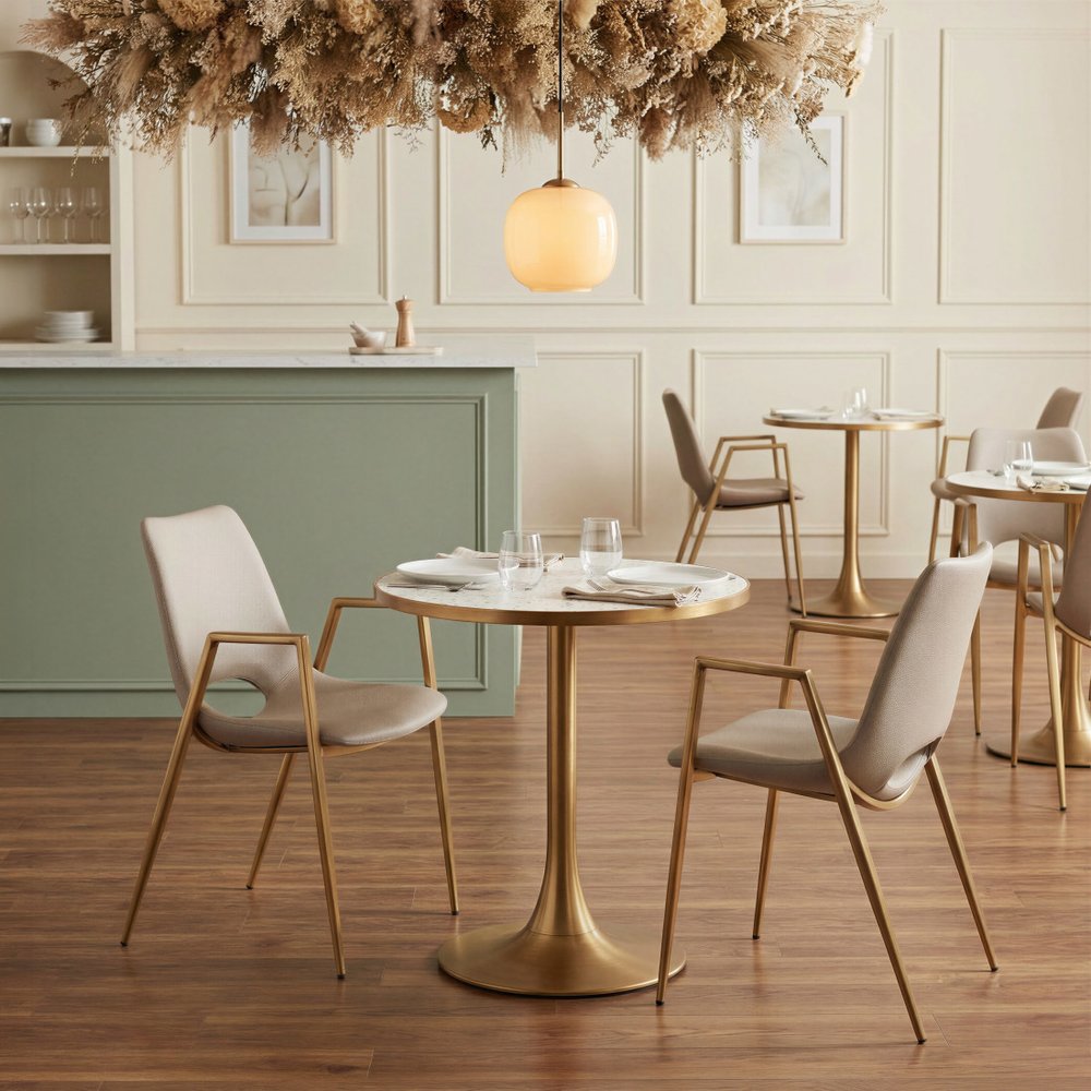 Set of Two Beige and Gold Faux Leather Open Back Dining Arm Chairs HomeRoots