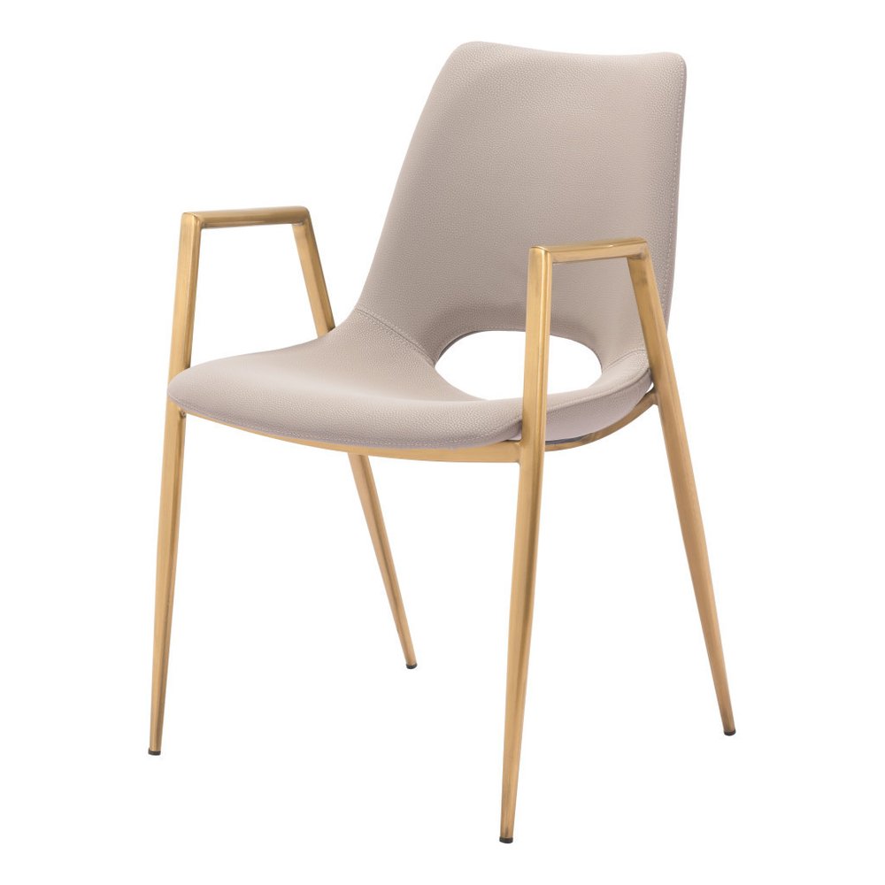 Set of Two Beige and Gold Faux Leather Open Back Dining Arm Chairs HomeRoots