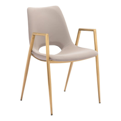 Set of Two Beige and Gold Faux Leather Open Back Dining Arm Chairs HomeRoots