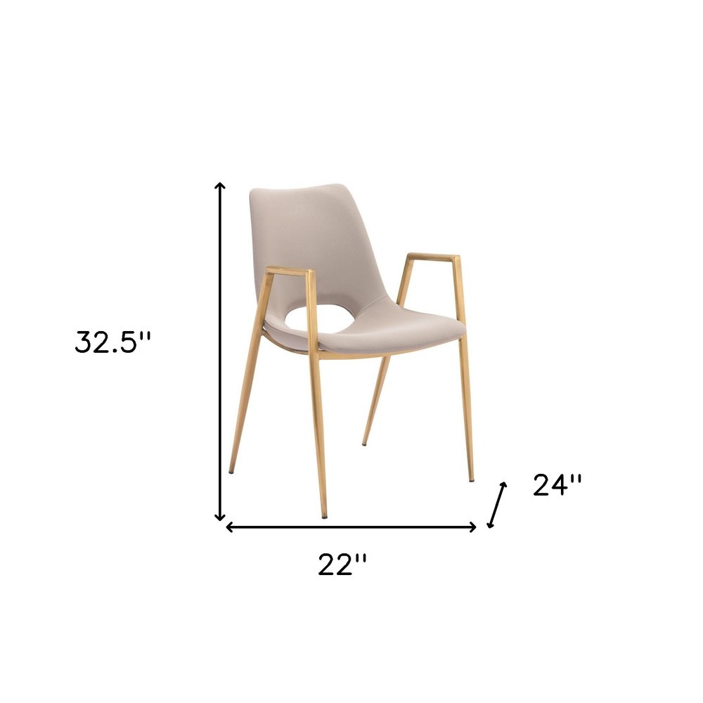 Set of Two Beige and Gold Faux Leather Open Back Dining Arm Chairs HomeRoots