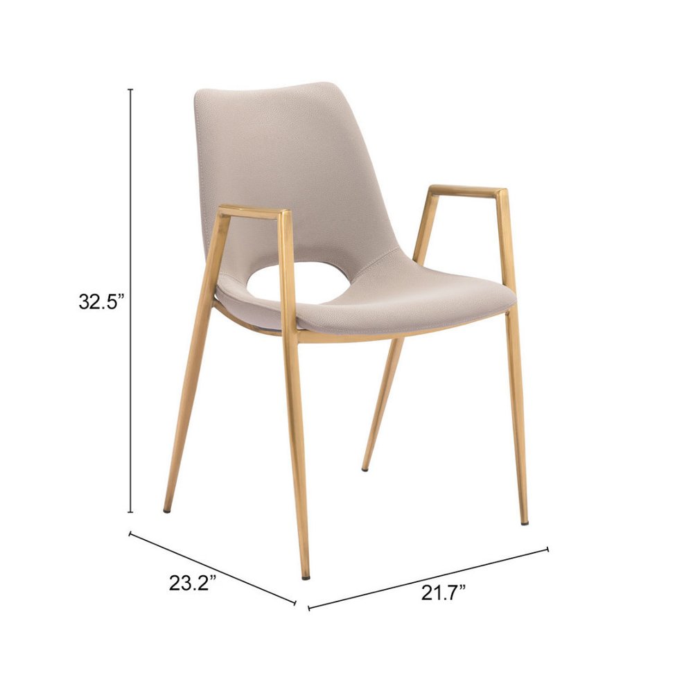 Set of Two Beige and Gold Faux Leather Open Back Dining Arm Chairs HomeRoots