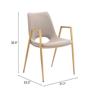 Set of Two Beige and Gold Faux Leather Open Back Dining Arm Chairs HomeRoots