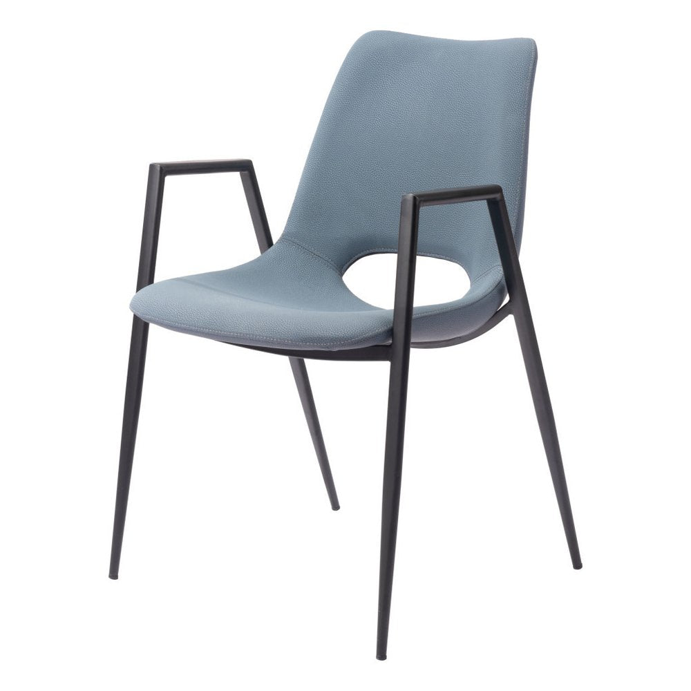 Set of Two Blue and Black Faux Leather Open Back Dining Arm Chairs HomeRoots