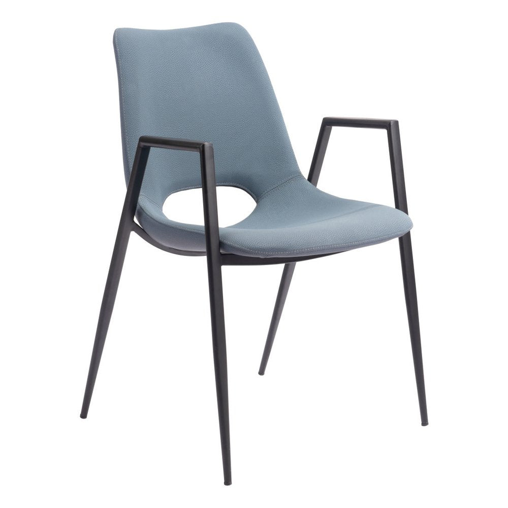 Set of Two Blue and Black Faux Leather Open Back Dining Arm Chairs HomeRoots