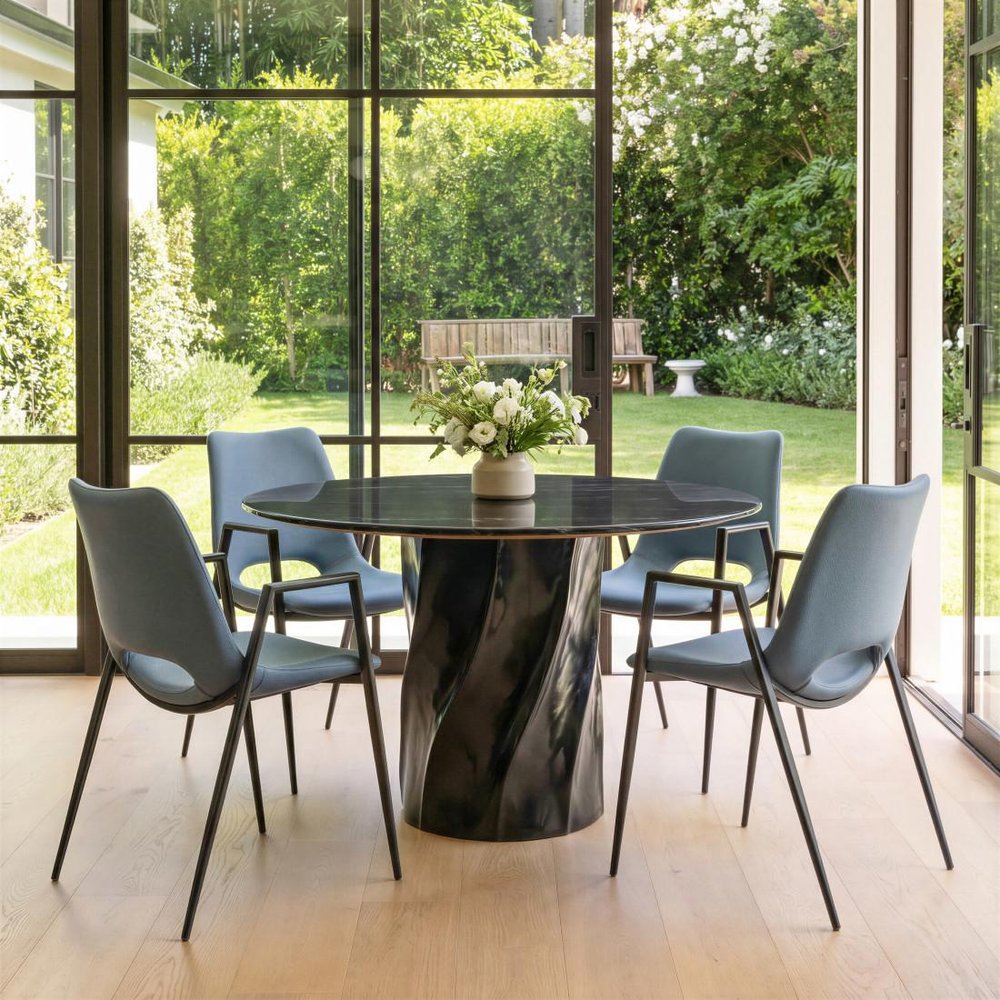Set of Two Blue And Black Faux Leather And Steel Dining Arm Chairs HomeRoots