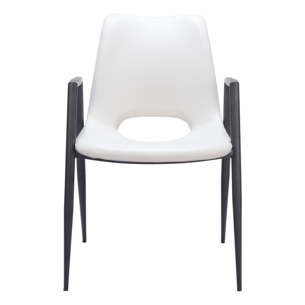 Set of Two White and Black Faux Leather Open Back Dining Arm Chairs HomeRoots