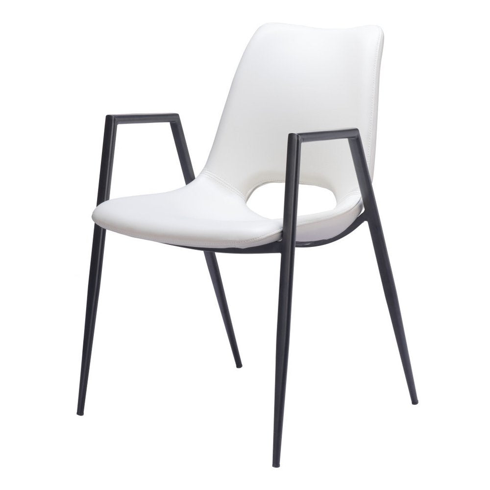Set of Two White and Black Faux Leather Open Back Dining Arm Chairs HomeRoots