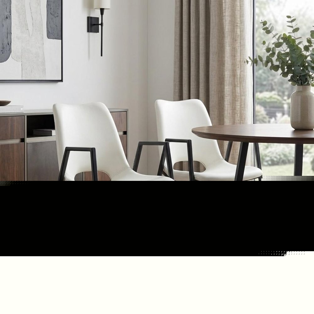Set of Two White and Black Faux Leather Open Back Dining Arm Chairs HomeRoots