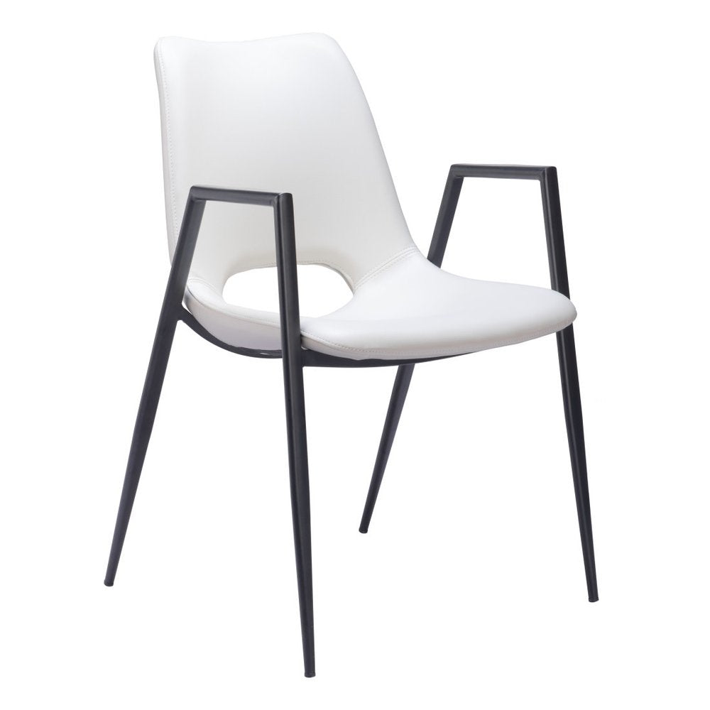 Set of Two White and Black Faux Leather Open Back Dining Arm Chairs HomeRoots