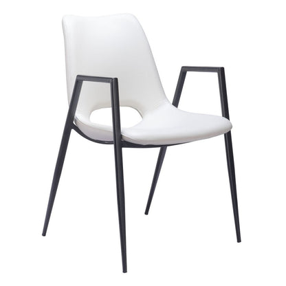 Set of Two White and Black Faux Leather Open Back Dining Arm Chairs HomeRoots