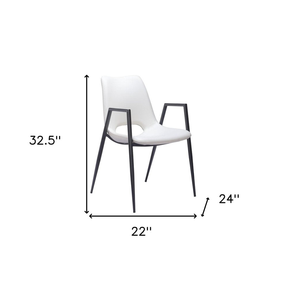 Set of Two White and Black Faux Leather Open Back Dining Arm Chairs HomeRoots