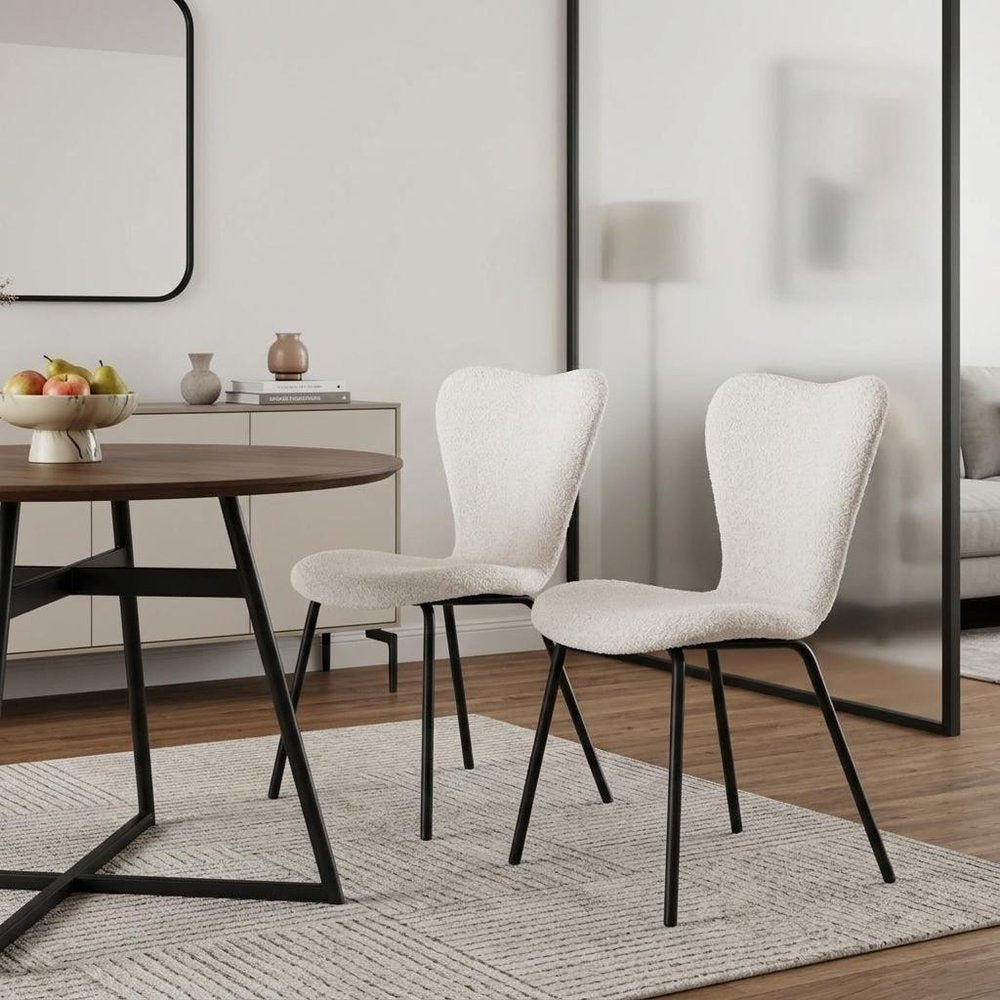 Set of Two Ivory And Black Faux Shearling And Steel Dining Side Chairs HomeRoots