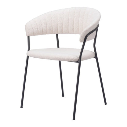 Set of Two Cream And Black Faux Fur And Wood And Steel Partially Open Back Dining Arm Chairs