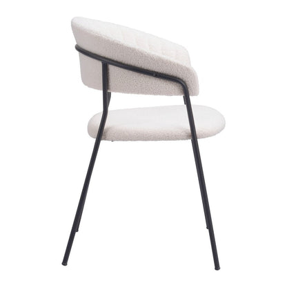 Set of Two Cream And Black Faux Fur And Wood And Steel Partially Open Back Dining Arm Chairs