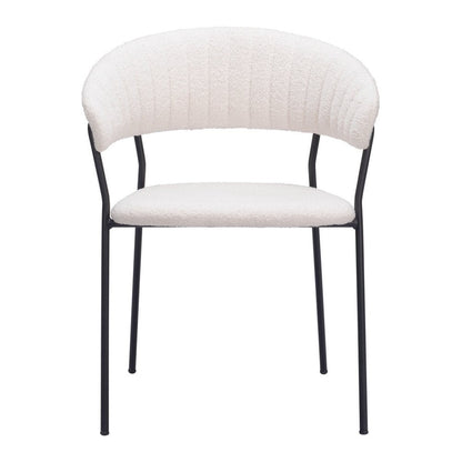Set of Two Cream And Black Faux Fur And Wood And Steel Partially Open Back Dining Arm Chairs HomeRoots