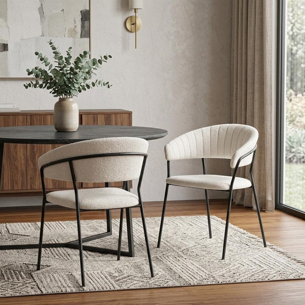 Set of Two Cream And Black Faux Fur And Wood And Steel Partially Open Back Dining Arm Chairs — view 2
