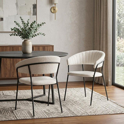 Set of Two Cream And Black Faux Fur And Wood And Steel Partially Open Back Dining Arm Chairs