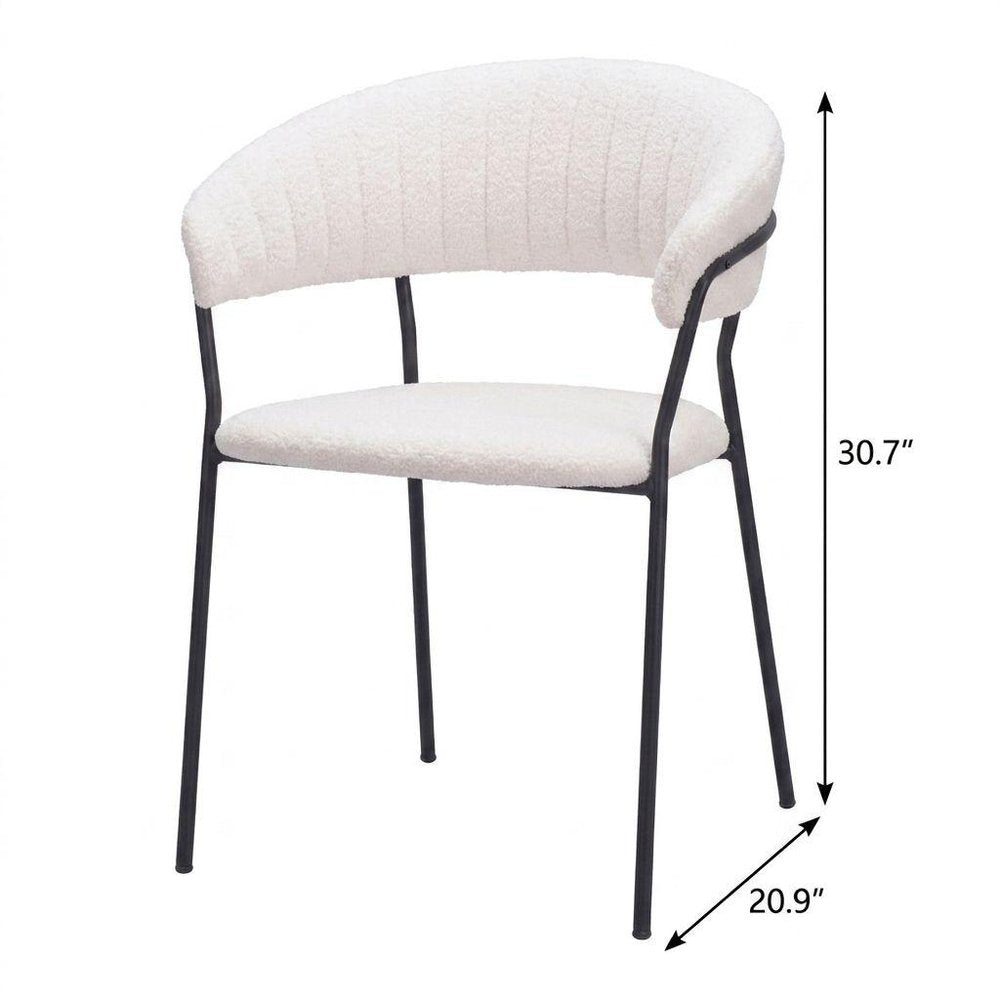 Set of Two Cream And Black Faux Fur And Wood And Steel Partially Open Back Dining Arm Chairs HomeRoots