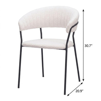 Set of Two Cream And Black Faux Fur And Wood And Steel Partially Open Back Dining Arm Chairs