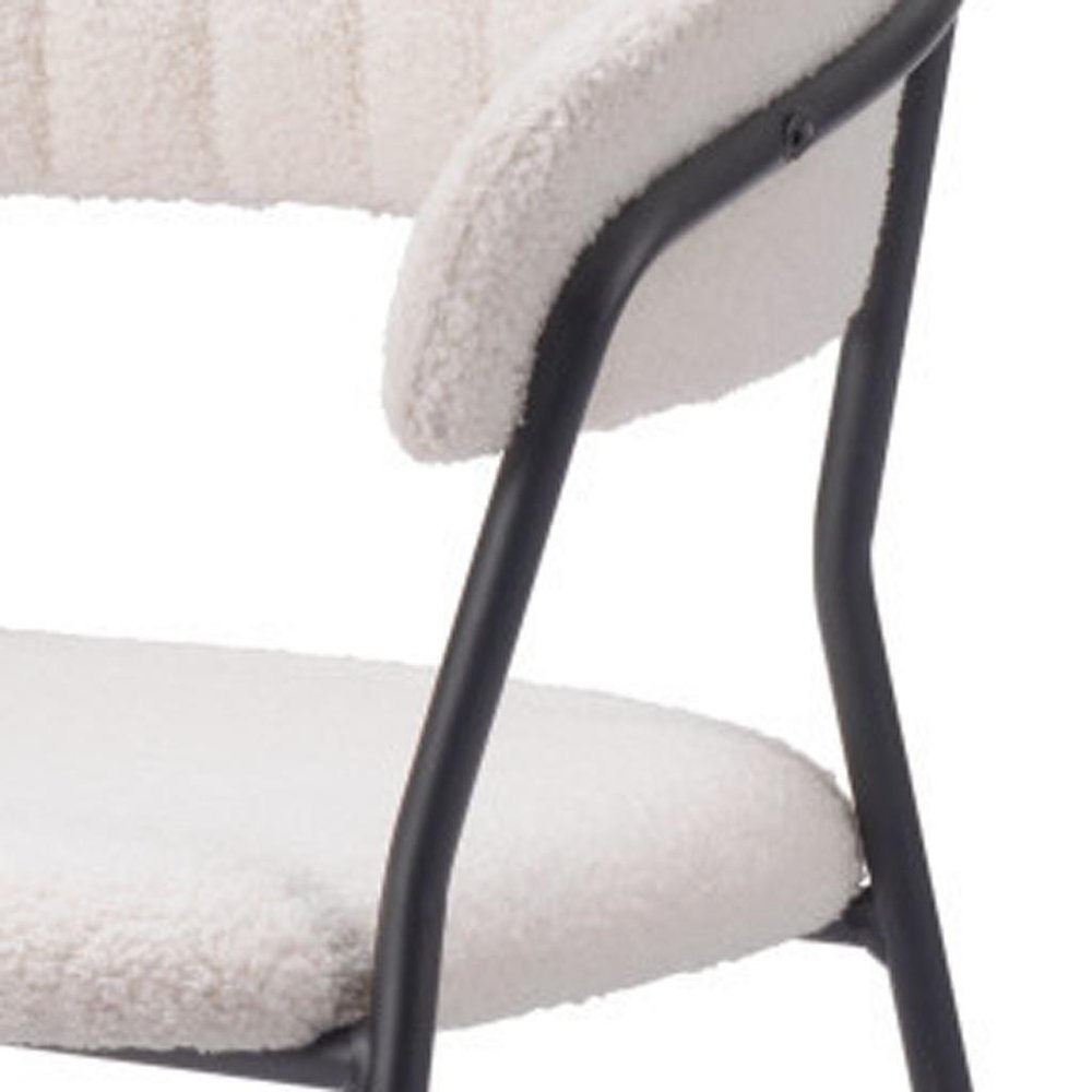 Set of Two Cream And Black Faux Fur And Wood And Steel Partially Open Back Dining Arm Chairs HomeRoots