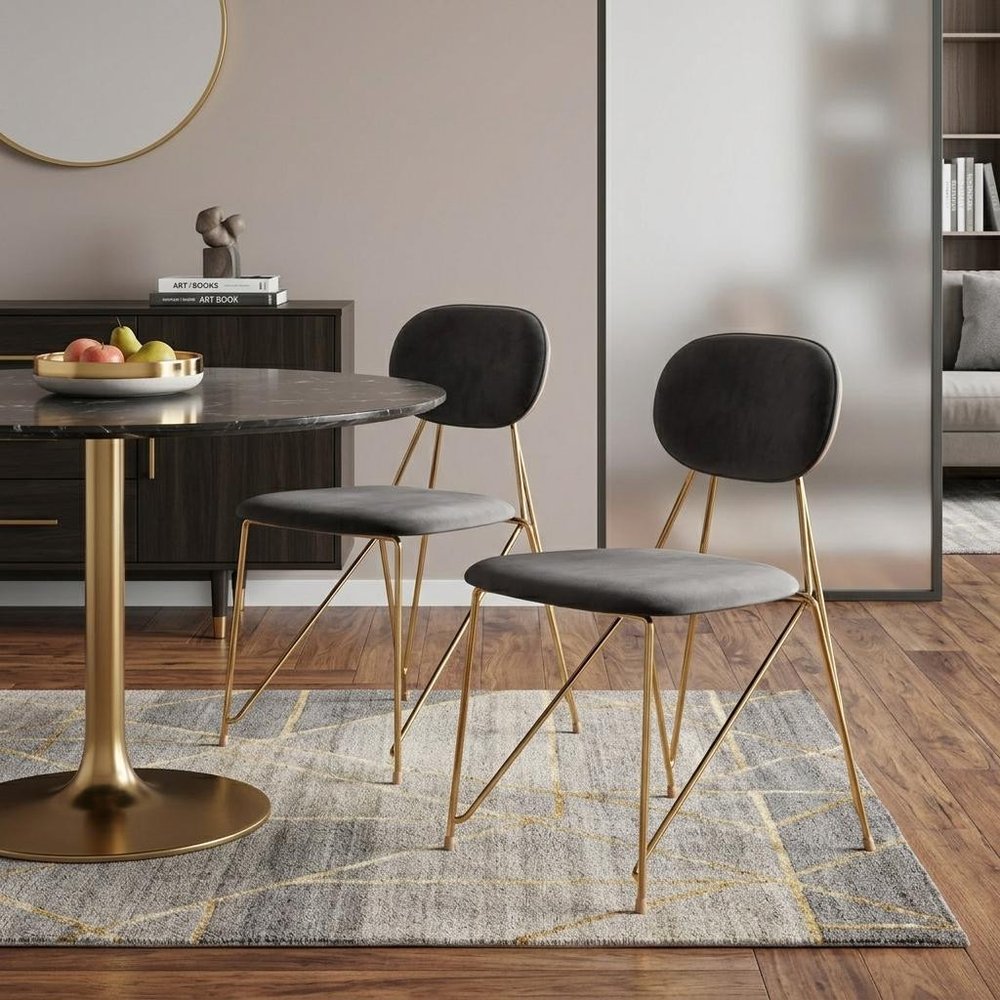Set of Two Gray And Gold Velvet And Wood And Steel Open Back Dining Side Chairs — view 3