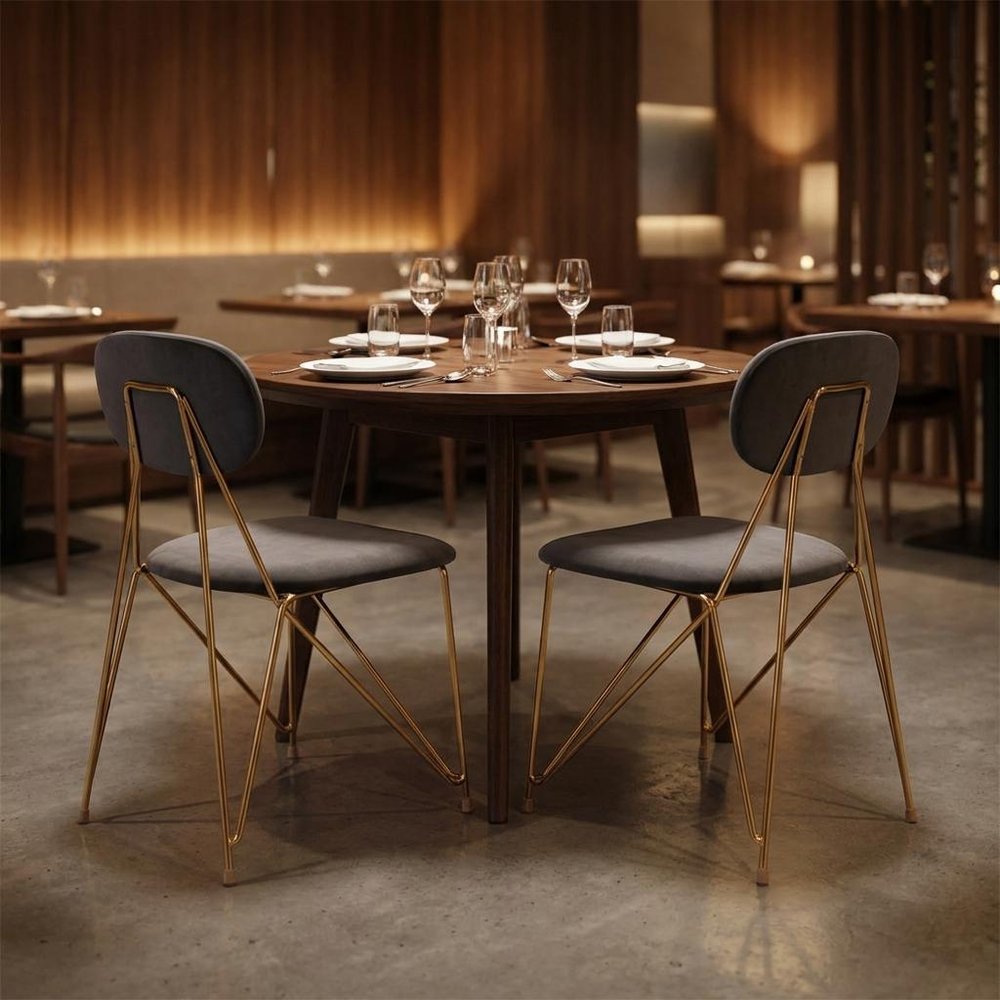 Set of Two Gray And Gold Velvet And Wood And Steel Open Back Dining Side Chairs — view 2