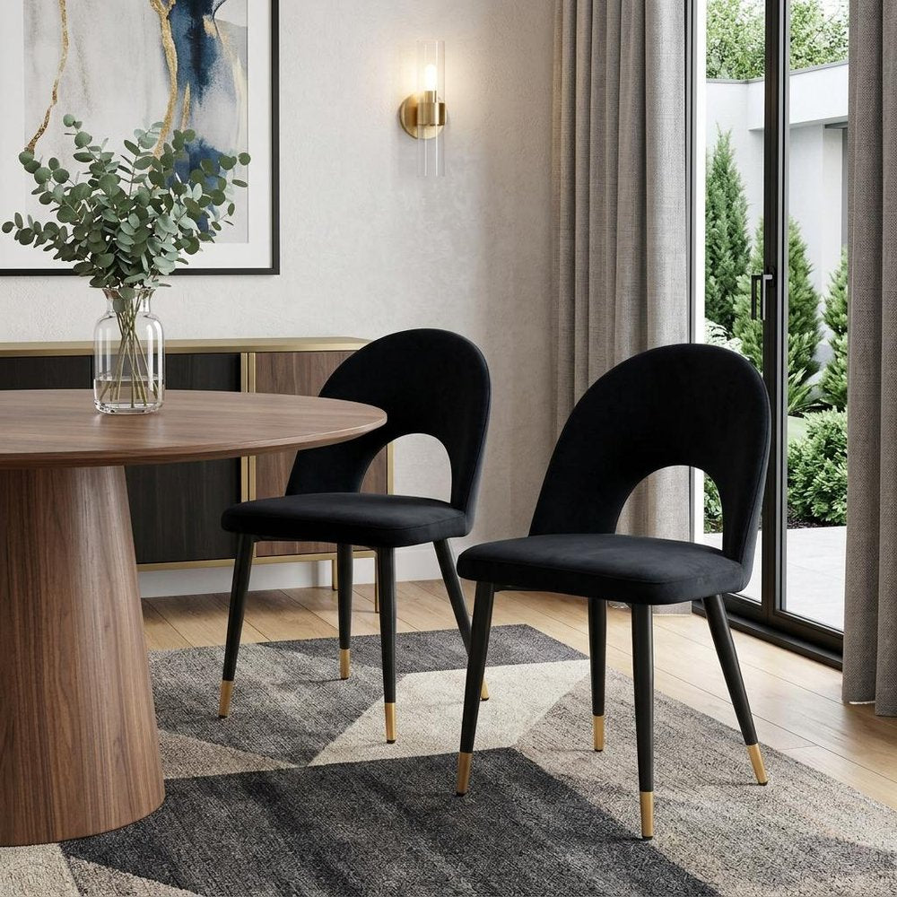 Set of Two Green Black and Gold Upholstered Velvet Open Back Dining Side Chairs HomeRoots