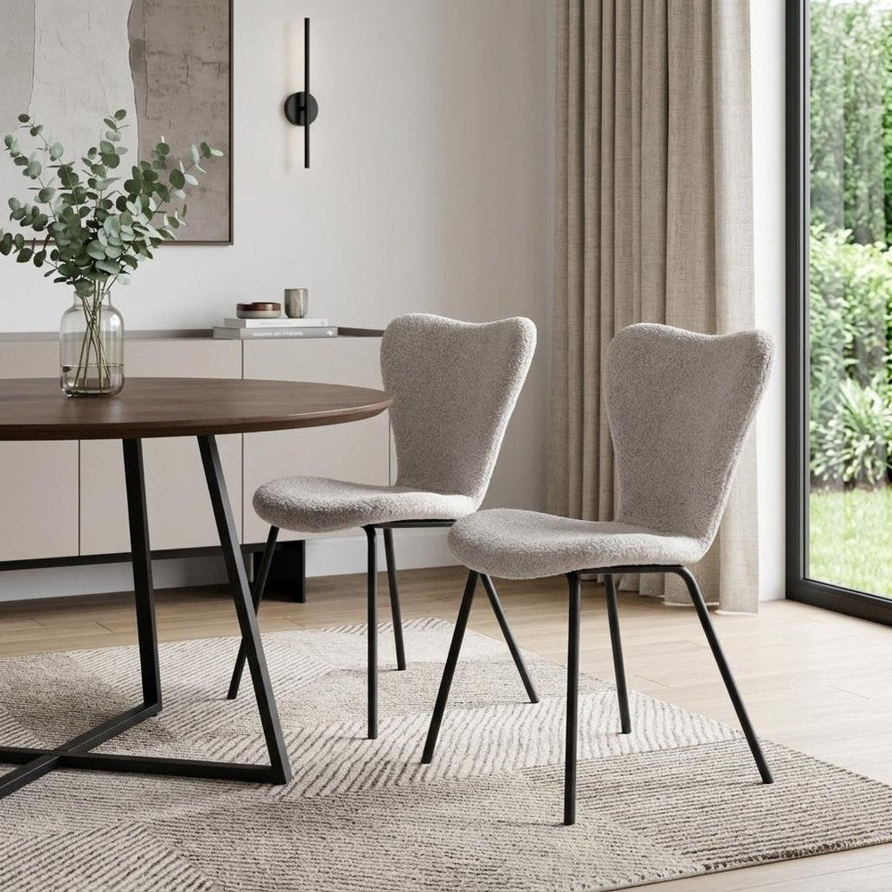 Set of Two Ivory And Black Faux Shearling And Steel Dining Side Chairs HomeRoots