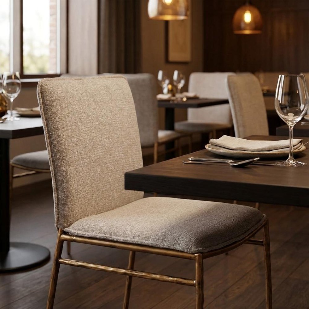 Beige And Gold Upholstery And Steel Dining Side Chair — view 1
