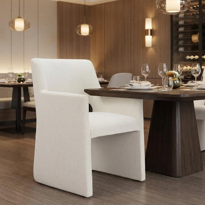 White Upholstered Faux Linen Dining Arm Chair