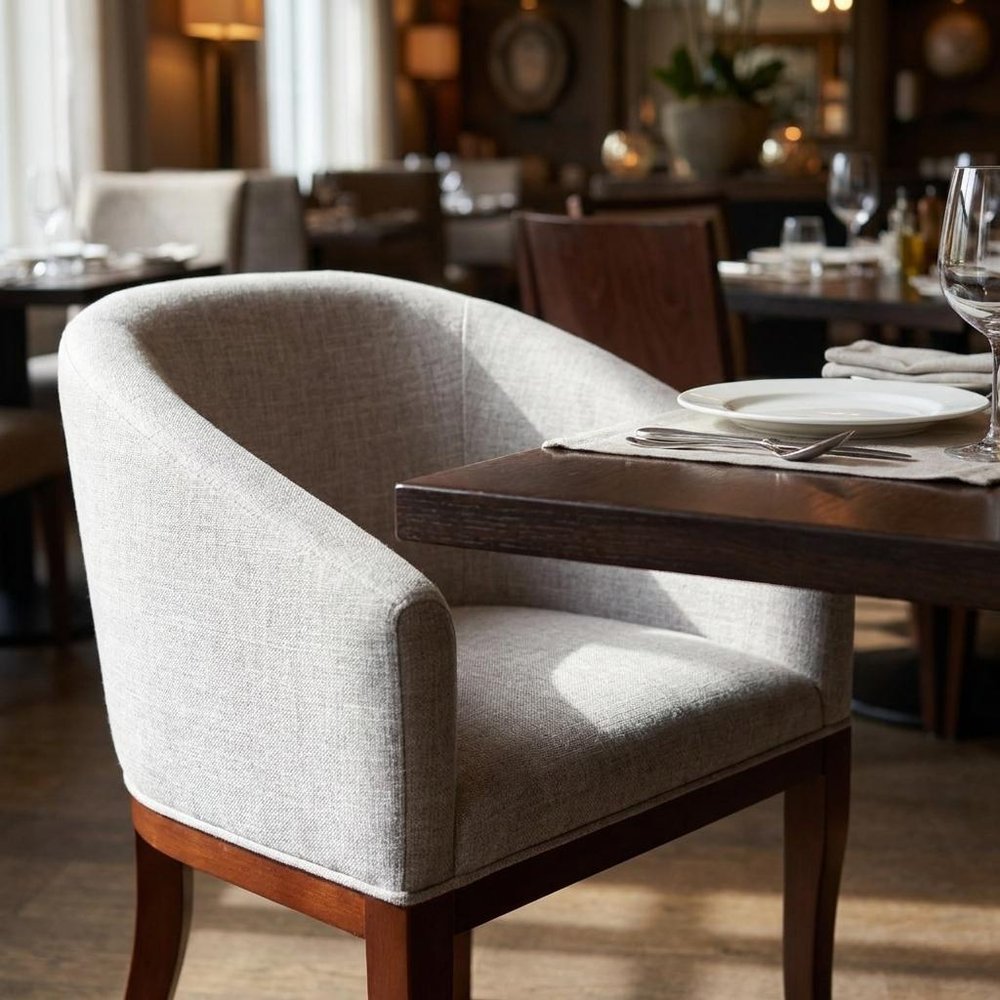 Gray And Brown Upholstery And Wood Dining Arm Chair — view 1