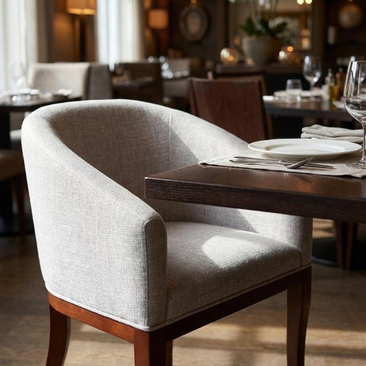 Gray And Brown Upholstery And Wood Dining Arm Chair
