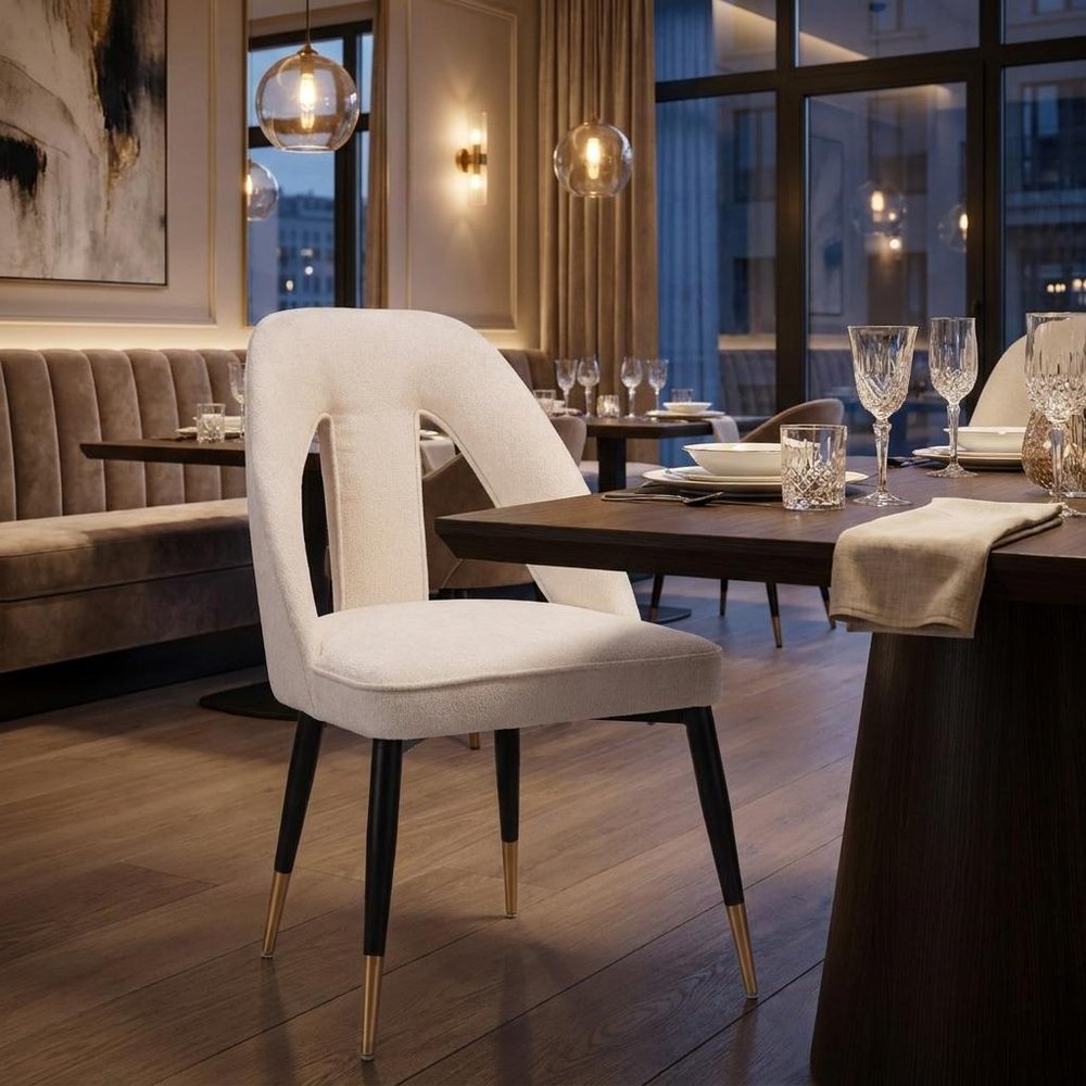 Ivory Black And Gold Faux Shearling And Wood And Steel Open Back Dining Side Chair — view 1