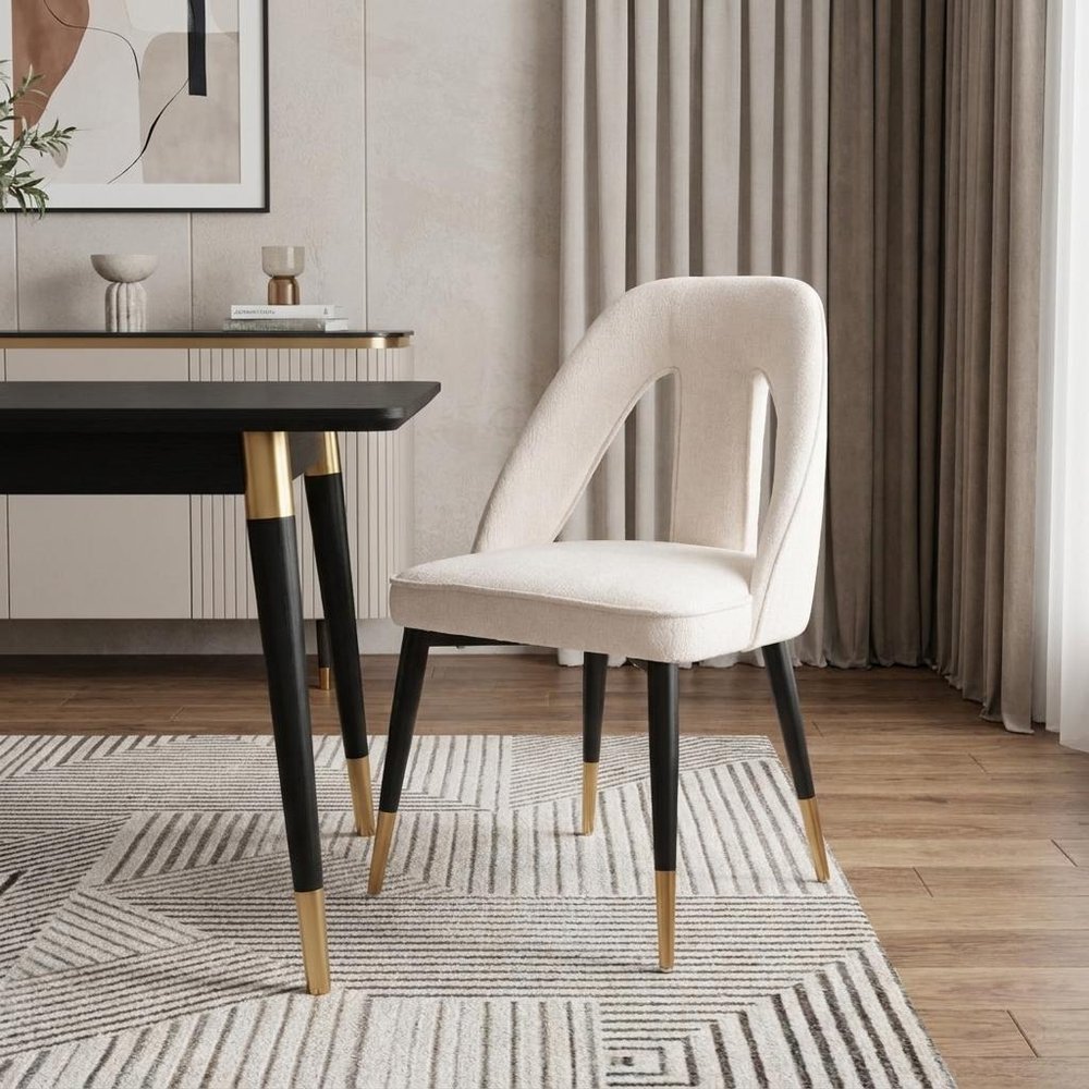 Ivory Black And Gold Faux Shearling And Wood And Steel Open Back Dining Side Chair HomeRoots