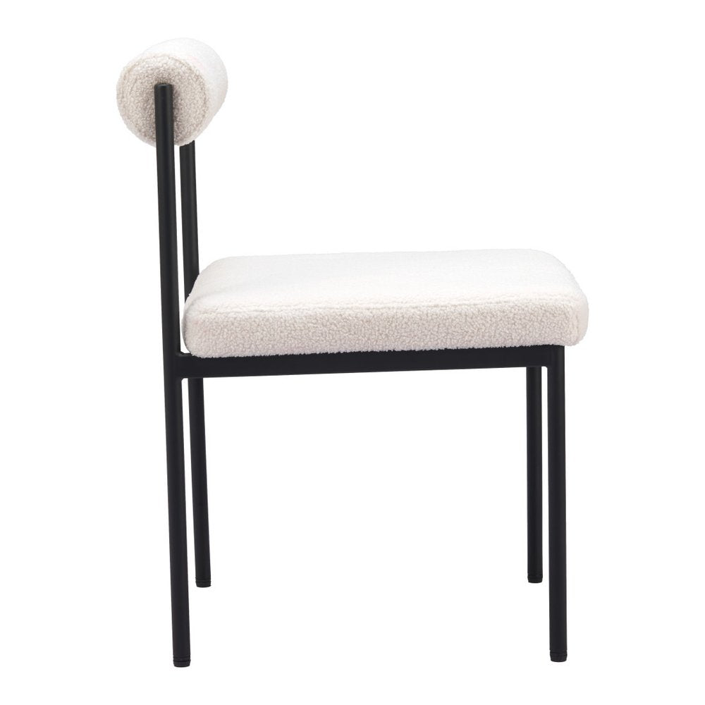 Ivory And Black Faux Shearling And Wood And Steel Open Back Dining Side Chair HomeRoots