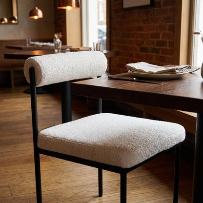 Ivory And Black Faux Shearling And Wood And Steel Open Back Dining Side Chair HomeRoots