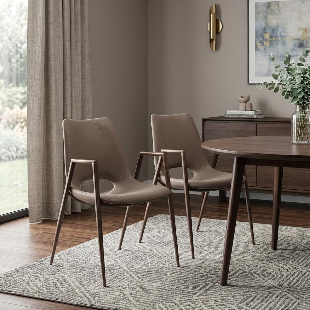 Set of Two Gray And Brown Upholstered Faux Leather Open Back Dining Arm Chairs — view 12