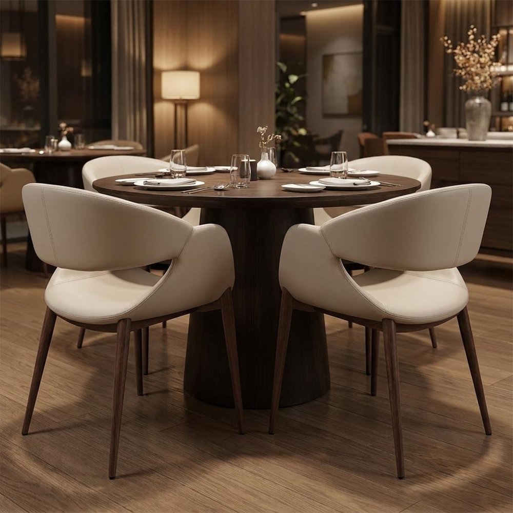 Set of Two Beige and Brown Upholstered Faux Leather Open Back Dining Arm Chairs — view 12