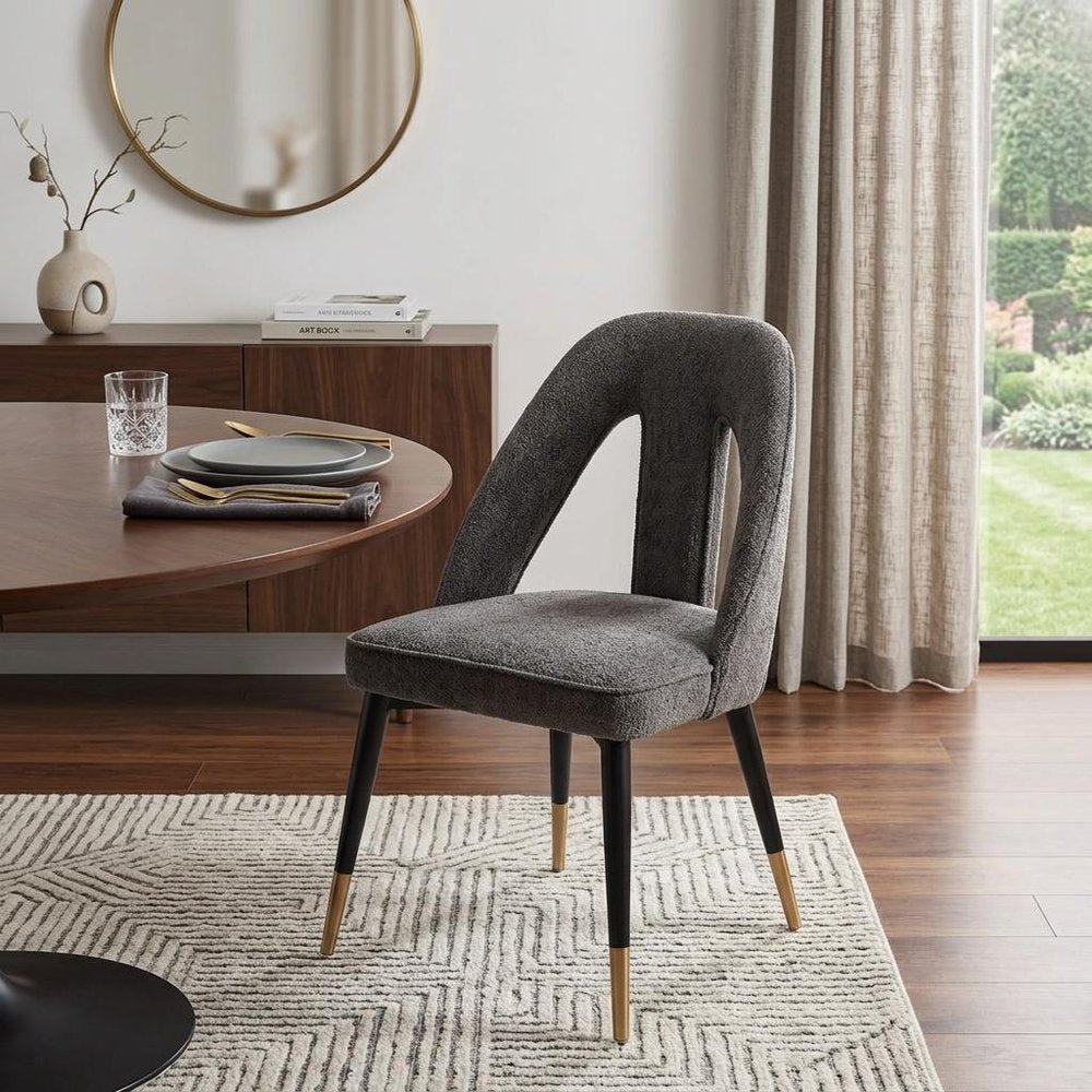 Ivory Black And Gold Faux Shearling And Wood And Steel Open Back Dining Side Chair HomeRoots