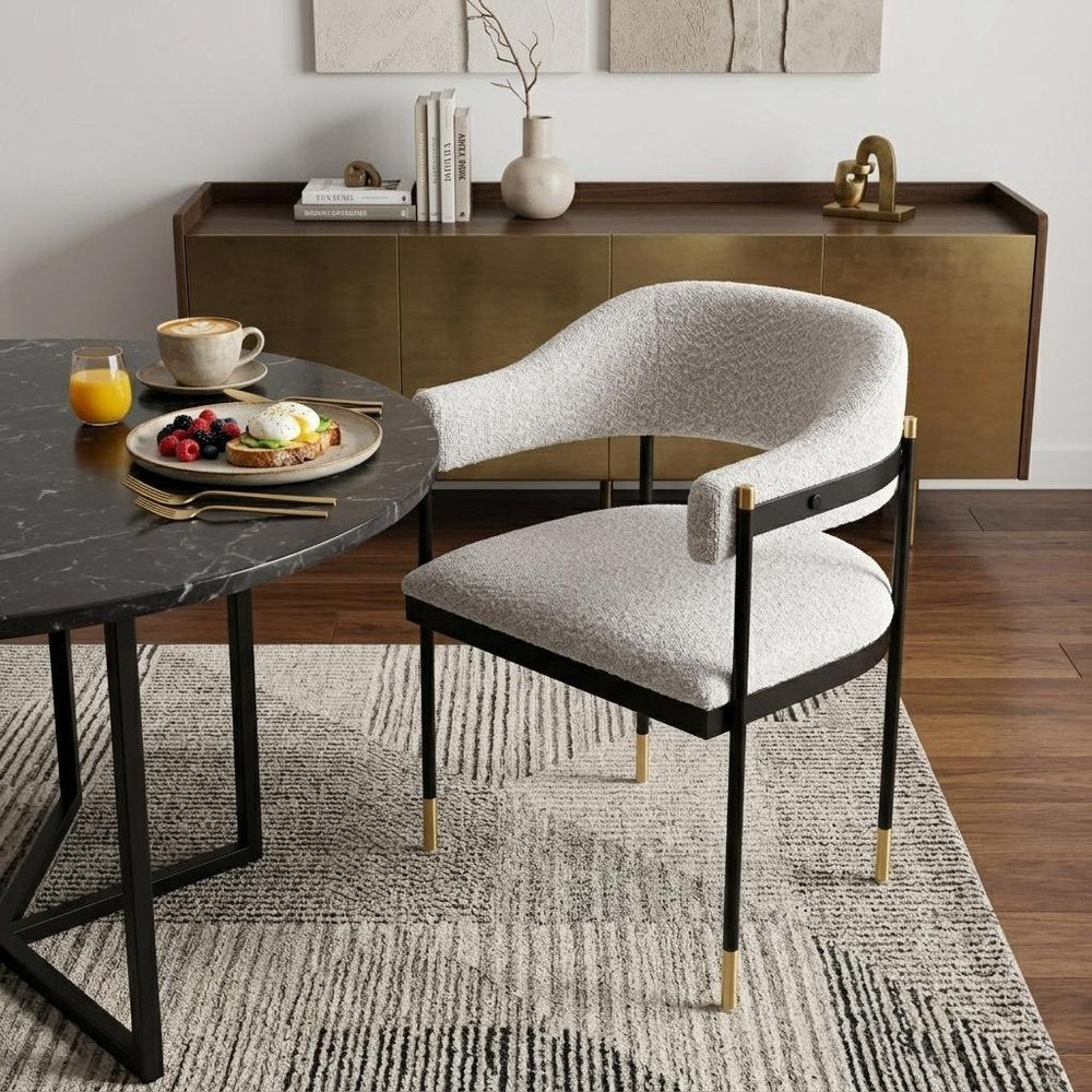 Gray Black And Gold Faux Shearling And Wood And Steel Partially Open Back Dining Arm Chair HomeRoots